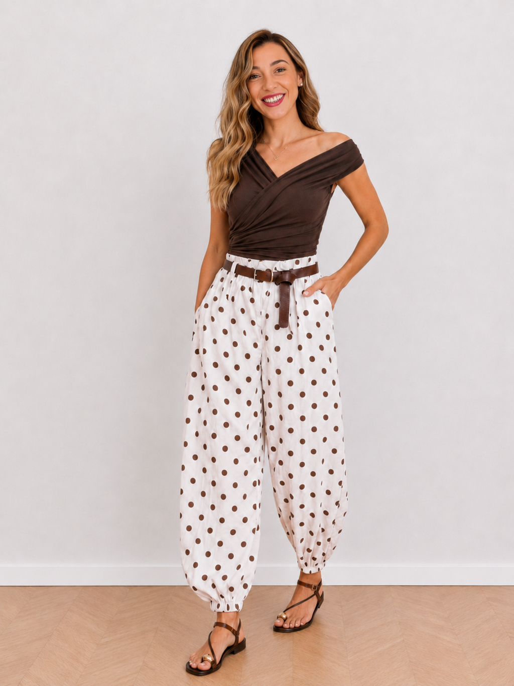 PANTALÓN GLOBO LUNARES CON CINTURÓN