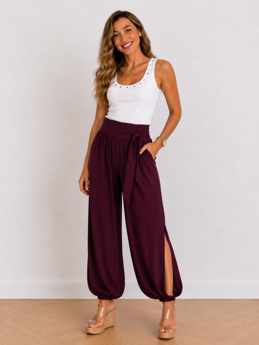PANTALON ARRUGADO LISO CON LAZO
