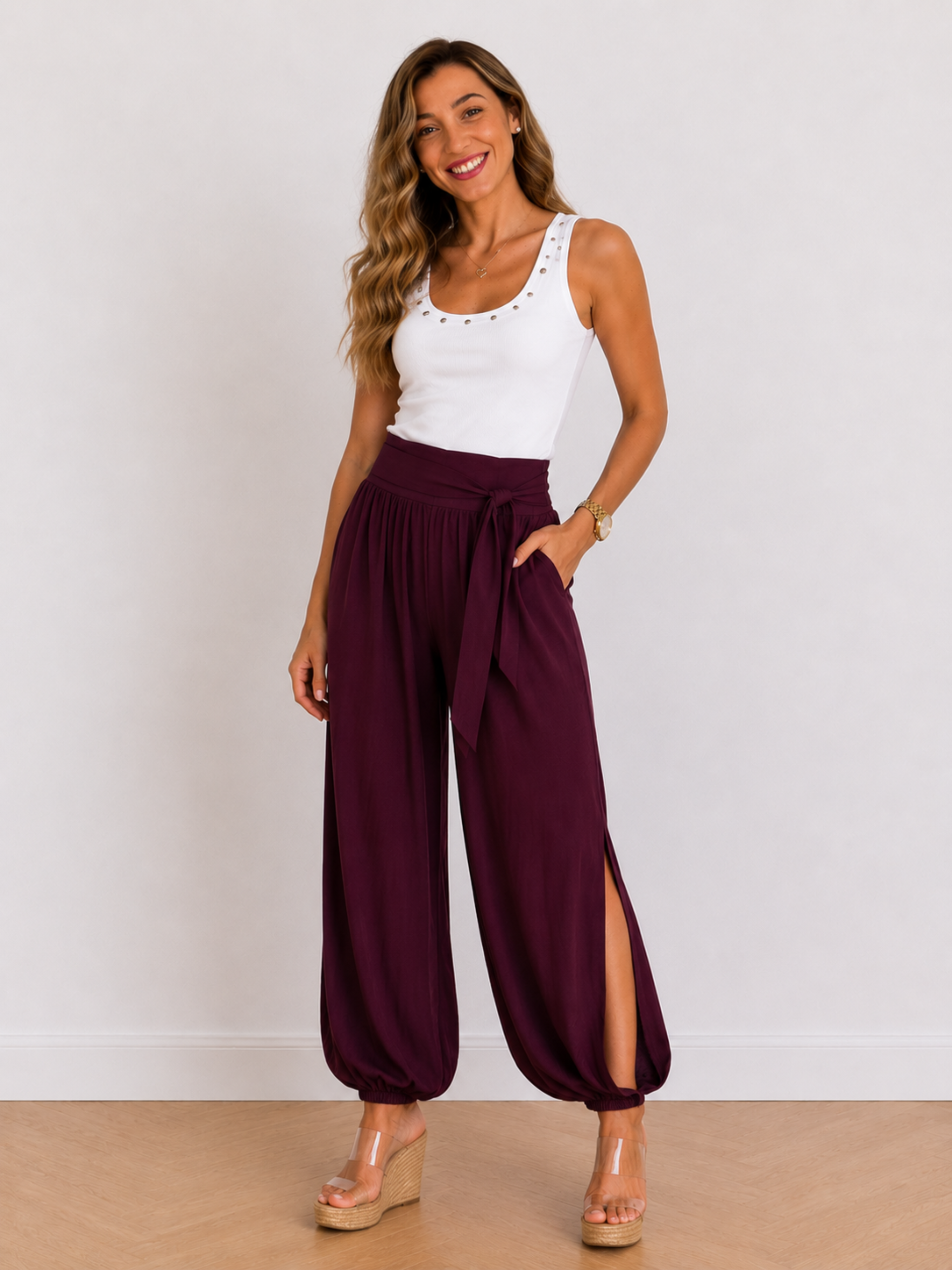 PANTALON ARRUGADO LISO CON LAZO