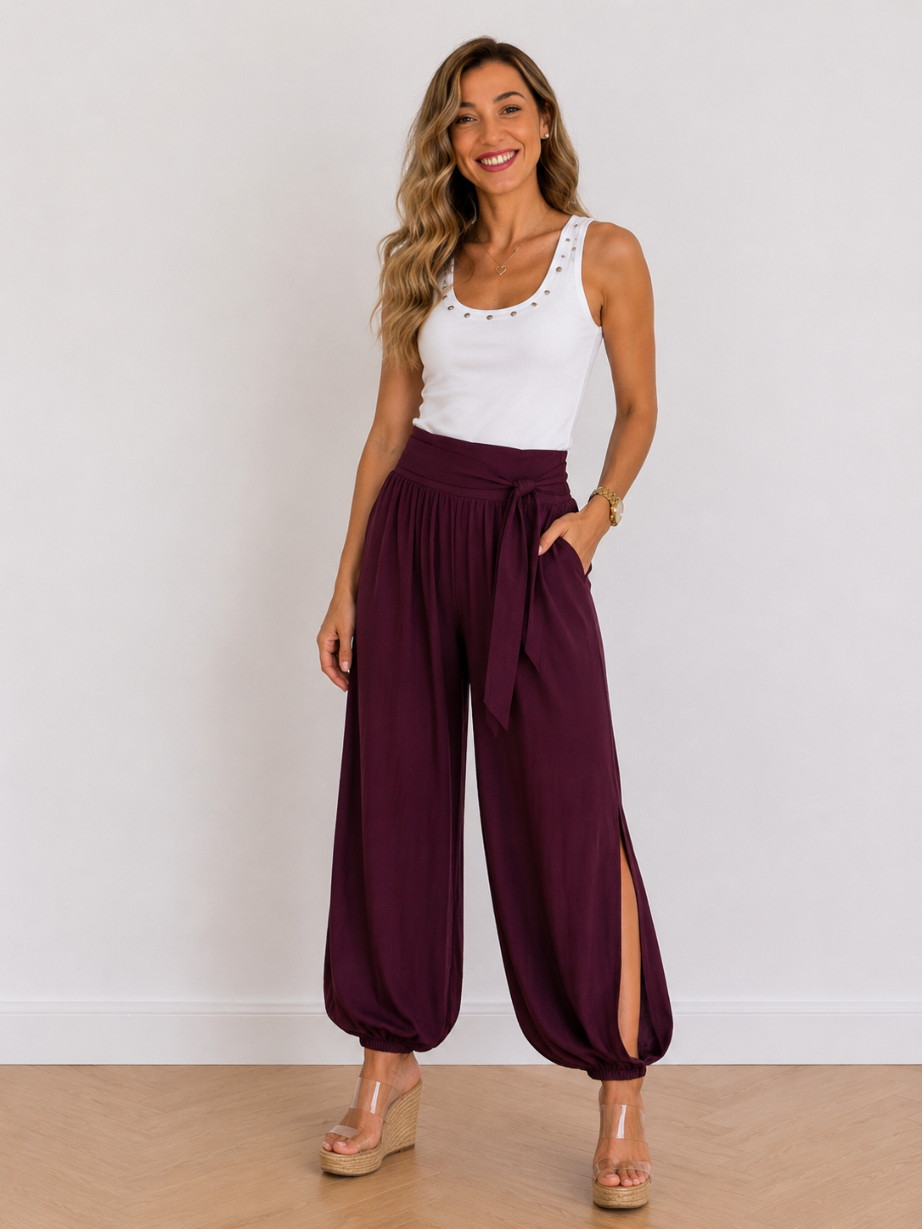 PANTALON ARRUGADO LISO CON LAZO