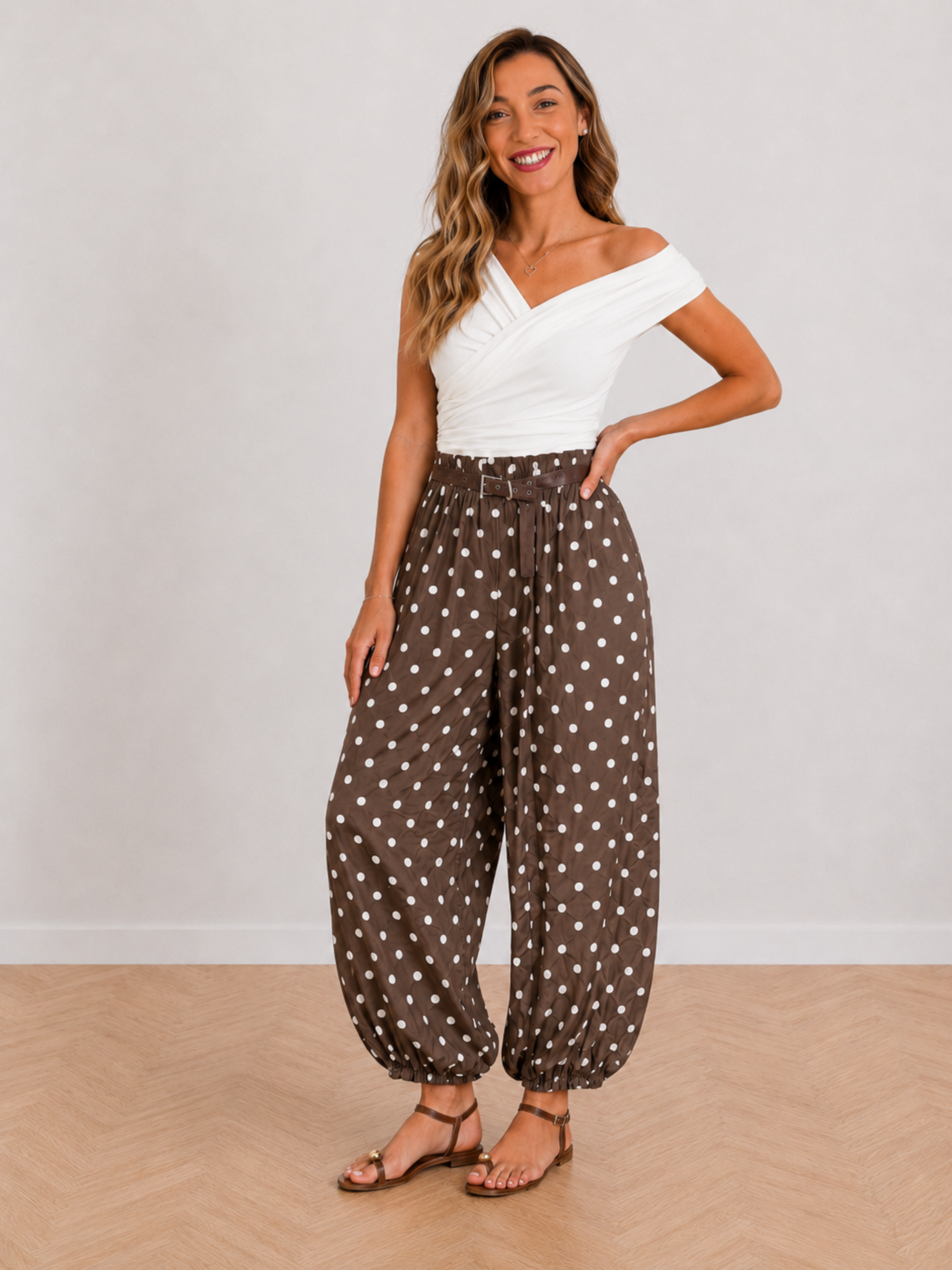 PANTALÓN GLOBO LUNARES CON CINTURÓN