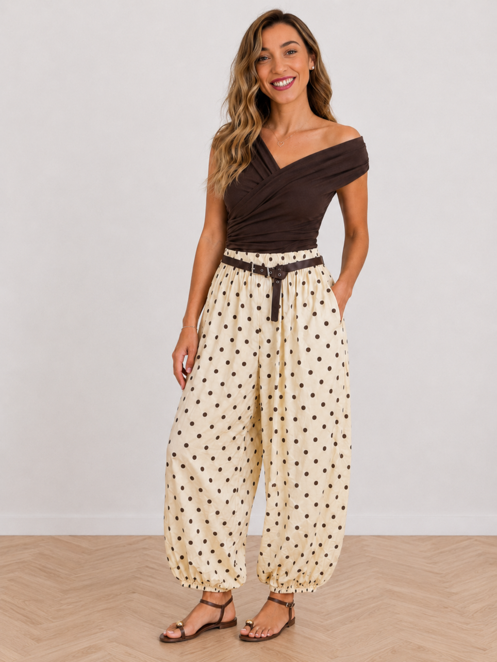 PANTALÓN GLOBO LUNARES CON CINTURÓN