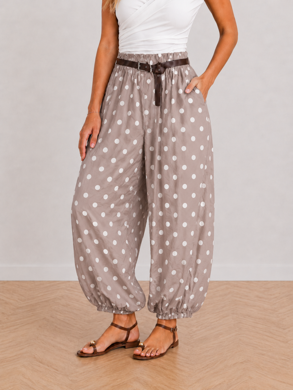 PANTALÓN GLOBO LUNARES CON CINTURÓN